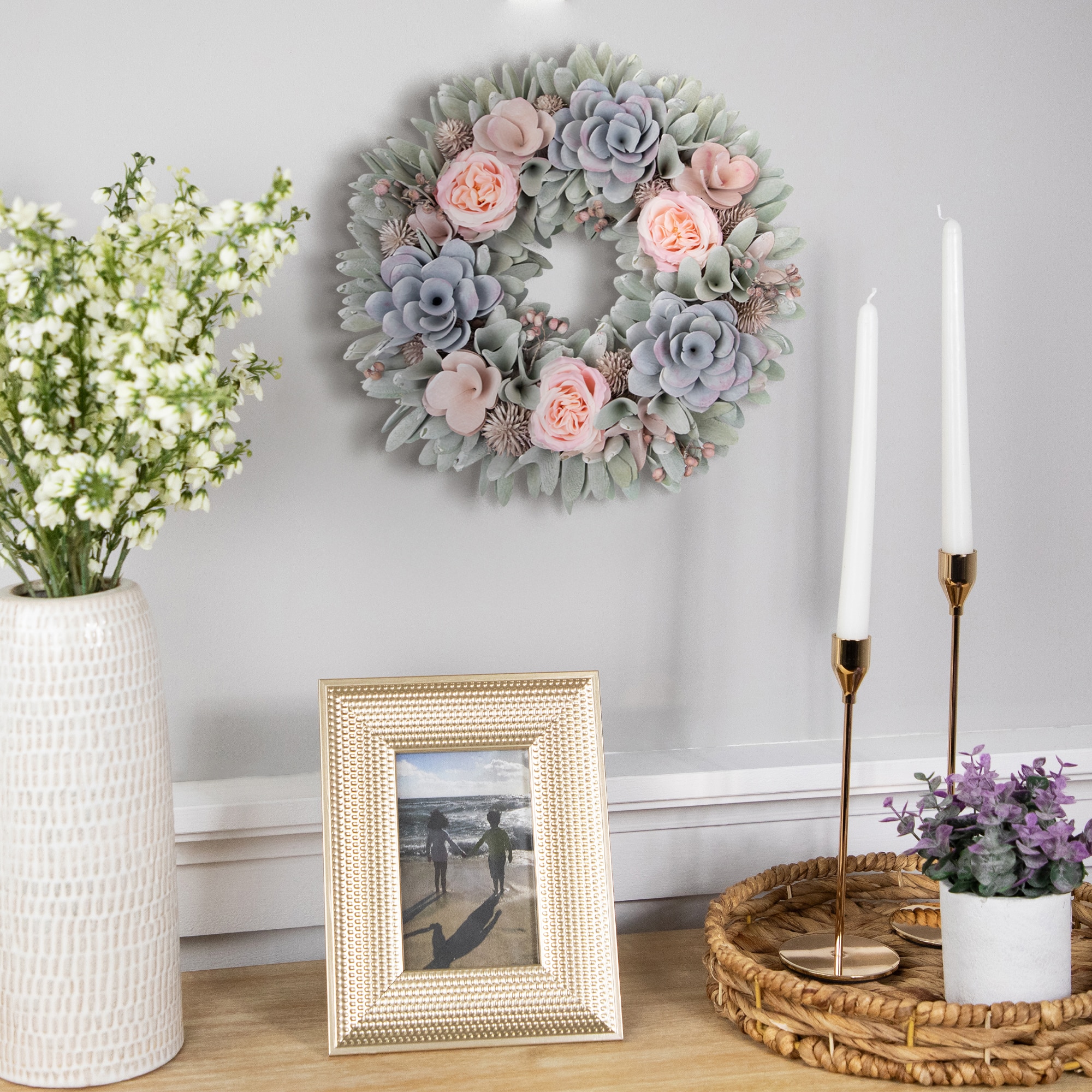 14" Roses & Thistle Artificial Spring Wooden Floral Wreath